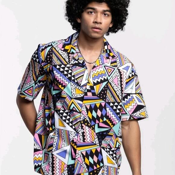 Super Massive unisex retro geometric print 80s 90s button down shirt Size L - Picture 1 of 8